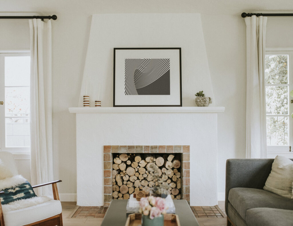 white living room with fireplace